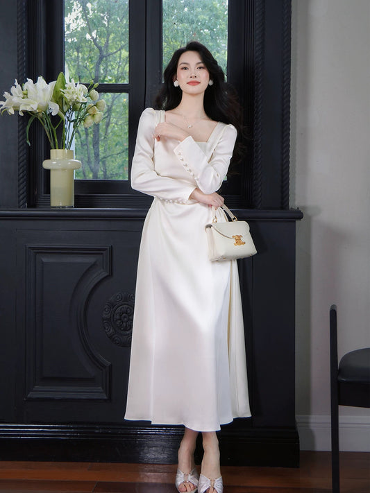 Artistic A Line Square Neck Long Sleeves Satin Outdoor Semi Formal Summer Garden Beach Spring Event Outfits Wedding Guest Dresses RB4944