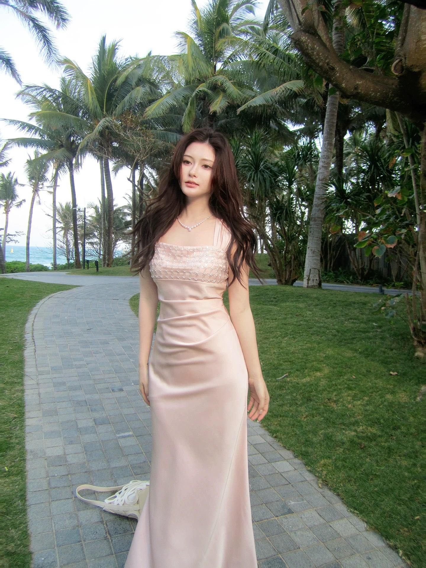 Artistic Sheath Square Neck Sleeveless Pink Satin Outdoor Semi Formal Summer Garden Beach Spring Event Outfits Wedding Guest Dresses RB4945