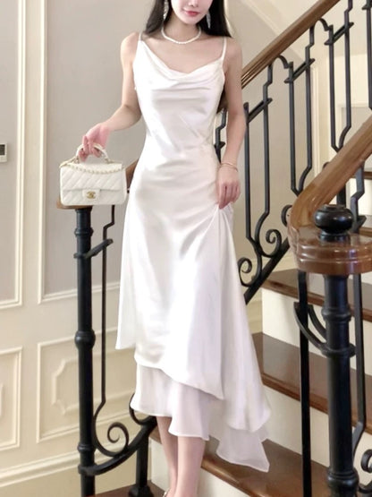 Artistic Sheath Spaghetti Strap Sleeveless White Satin Outdoor Semi Formal Summer Garden Beach Event Outfits Wedding Guest Dresses RB4947