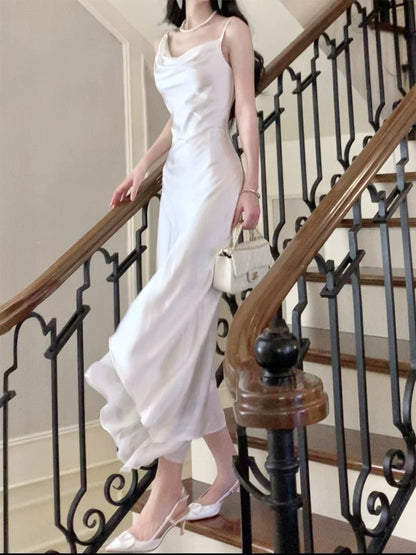 Artistic Sheath Spaghetti Strap Sleeveless White Satin Outdoor Semi Formal Summer Garden Beach Event Outfits Wedding Guest Dresses RB4947