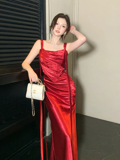 Artistic Sheath Square Neck Red Sleeveless Outdoor Semi Formal Summer Garden Beach Event Outfits Wedding Guest Dresses RB4948