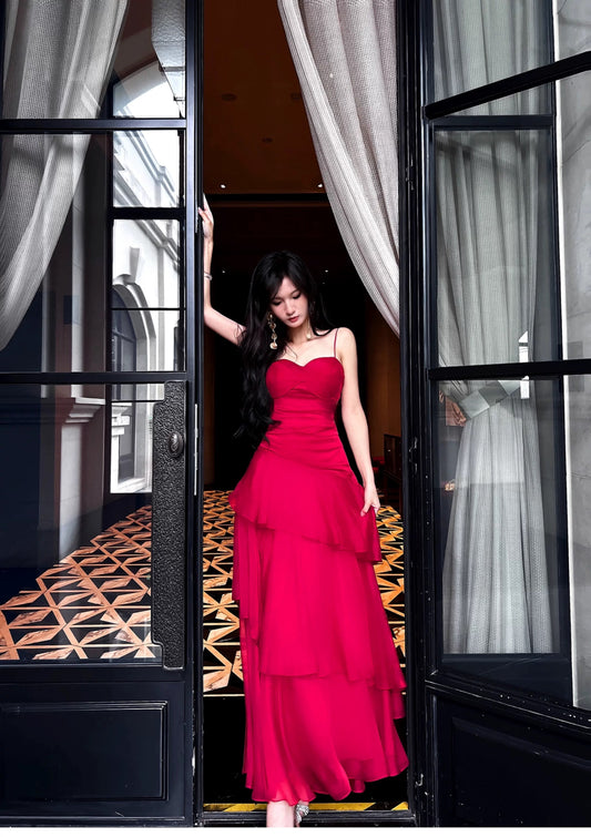 Boho-chic Mermaid Spaghetti Straps Red Chiffon Semi Formal Summer Garden Beach Spring Event Outfits Wedding Guest Dresses RB4949