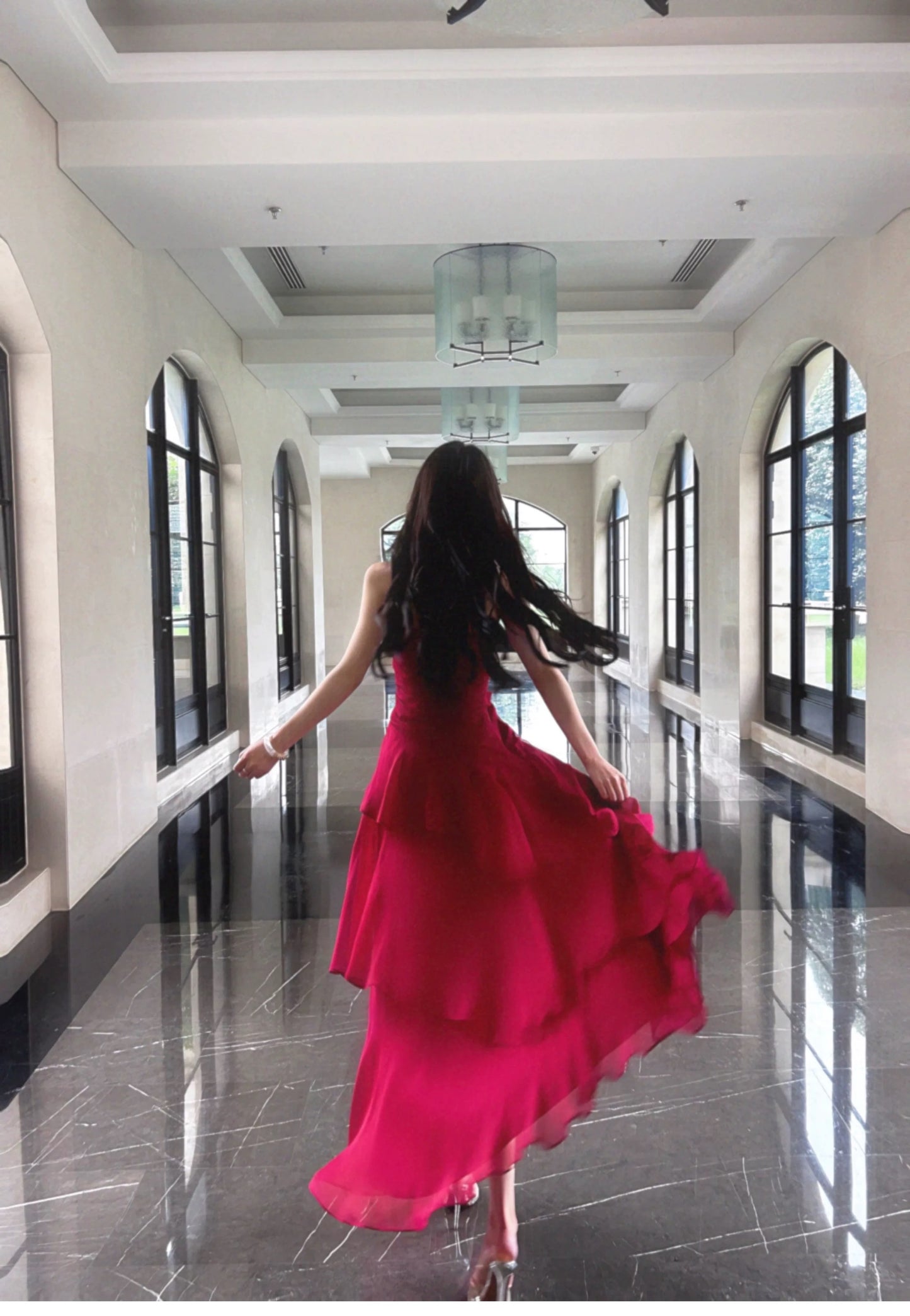 Boho-chic Mermaid Spaghetti Straps Red Chiffon Layers Semi Formal Summer Garden Beach Spring Event Outfits Wedding Guest Dresses RB4950
