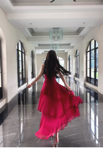 Boho-chic Mermaid Spaghetti Straps Red Chiffon Layers Semi Formal Summer Garden Beach Spring Event Outfits Wedding Guest Dresses RB4950