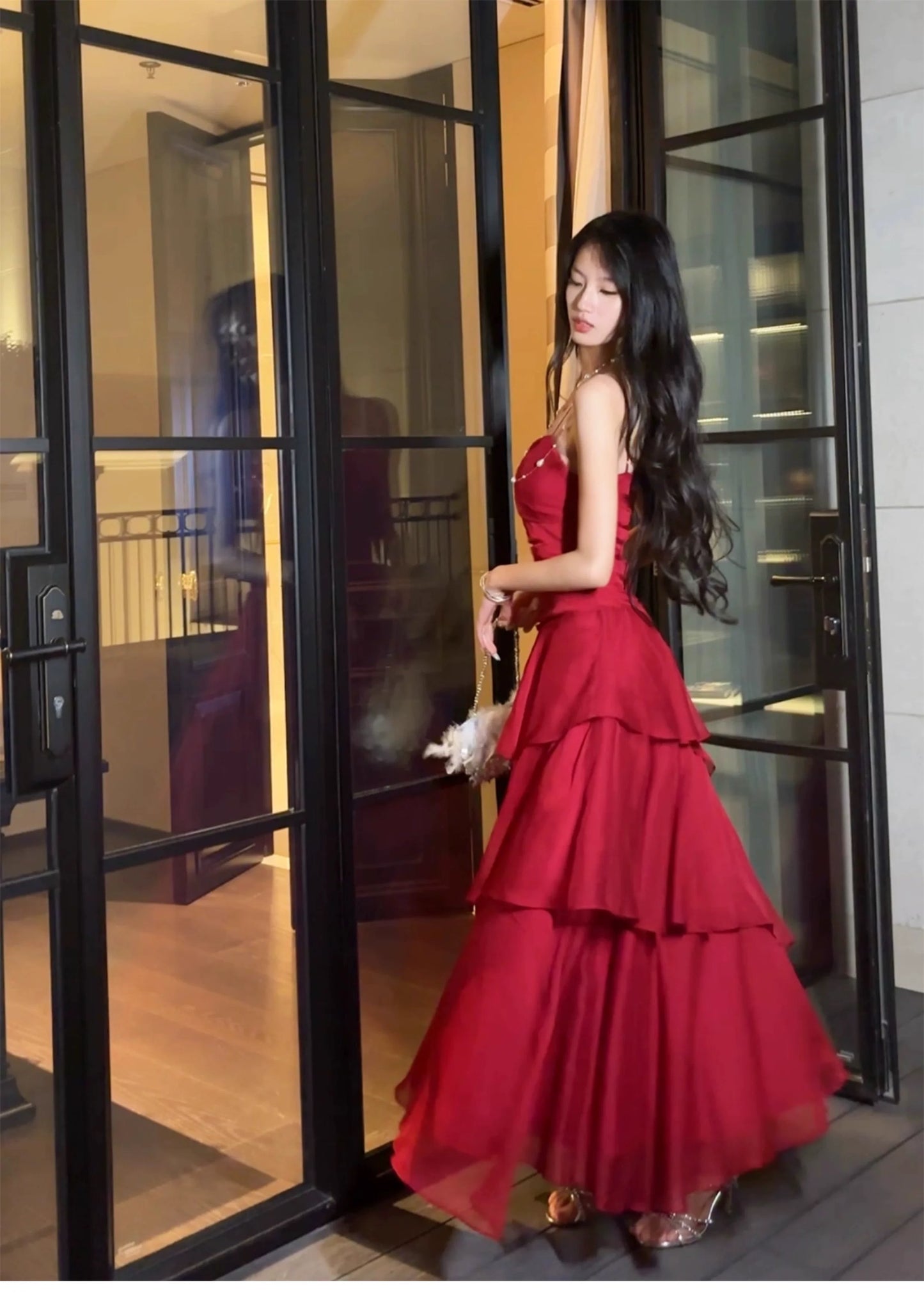 Boho-chic Mermaid Spaghetti Straps Red Chiffon Layers Semi Formal Summer Garden Beach Spring Event Outfits Wedding Guest Dresses RB4950