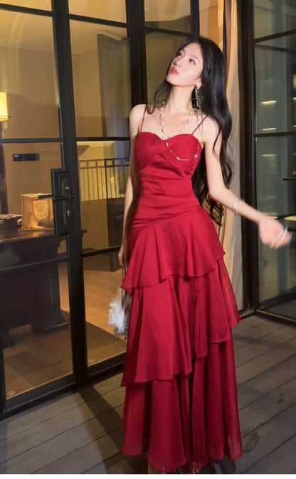 Boho-chic Mermaid Spaghetti Straps Red Chiffon Layers Semi Formal Summer Garden Beach Spring Event Outfits Wedding Guest Dresses RB4950