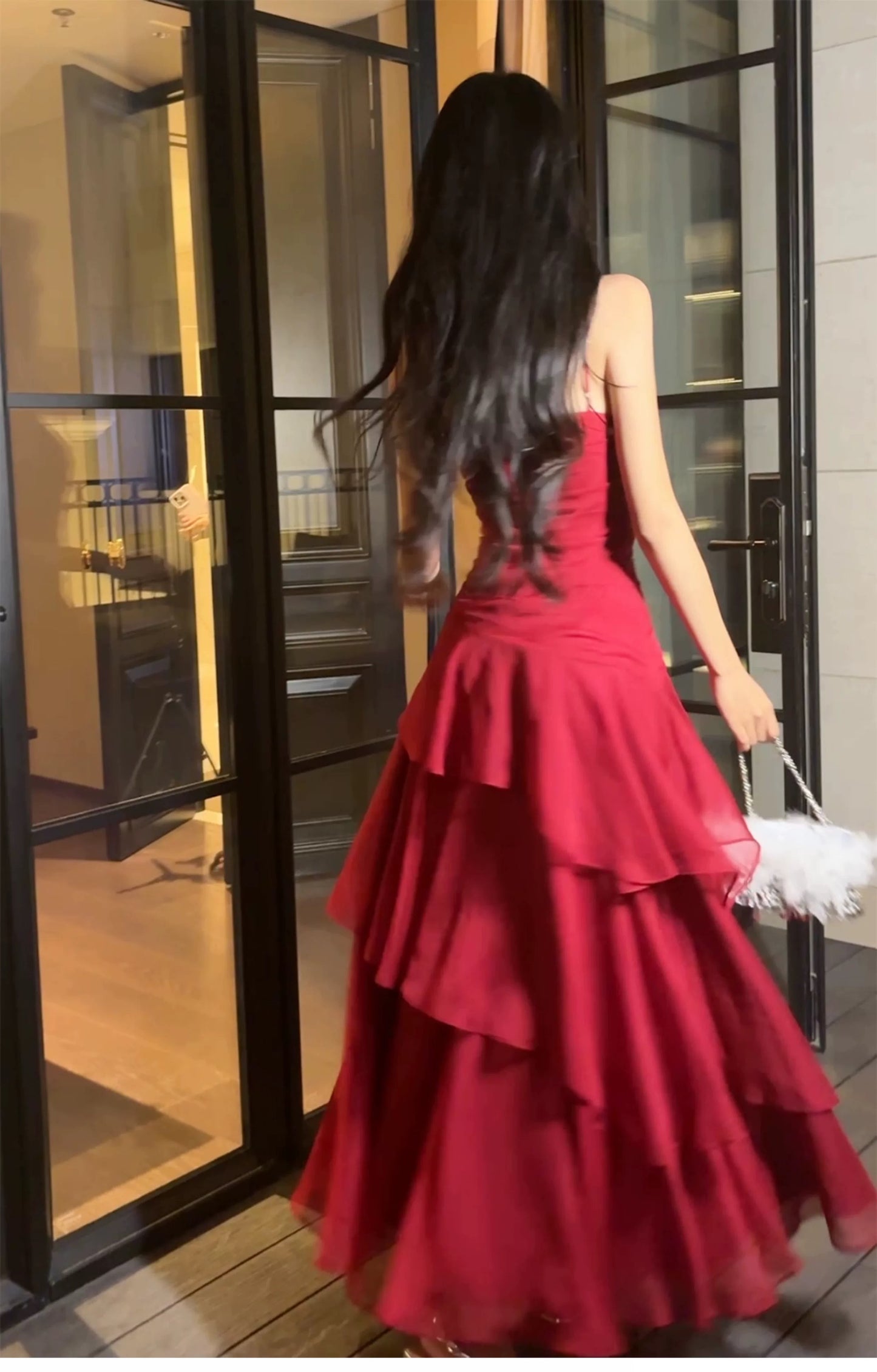 Free-Spirited Mermaid Spaghetti Straps Red Chiffon Layers Semi Formal Summer Garden Beach Spring Event Outfits Wedding Guest Dresses RB4951