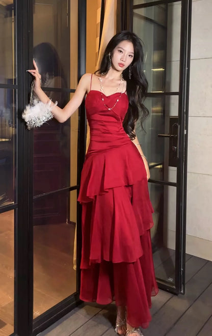 Free-Spirited Mermaid Spaghetti Straps Red Chiffon Layers Semi Formal Summer Garden Beach Spring Event Outfits Wedding Guest Dresses RB4951
