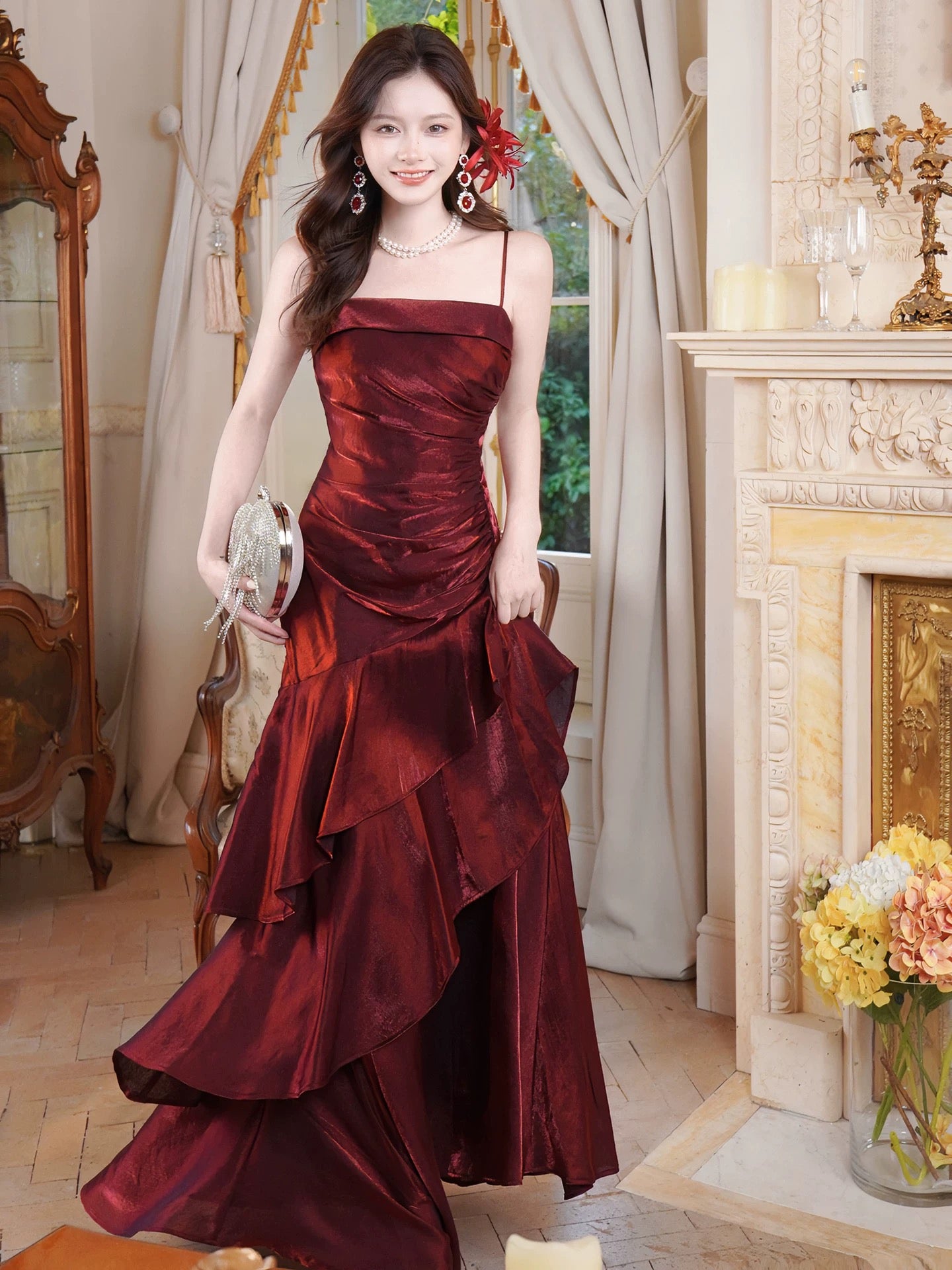 Artistic Mermaid Spaghetti Strap Burgundy Sleeveless Outdoor Semi Formal Summer Garden Beach Event Outfits Wedding Guest Dresses RB4953
