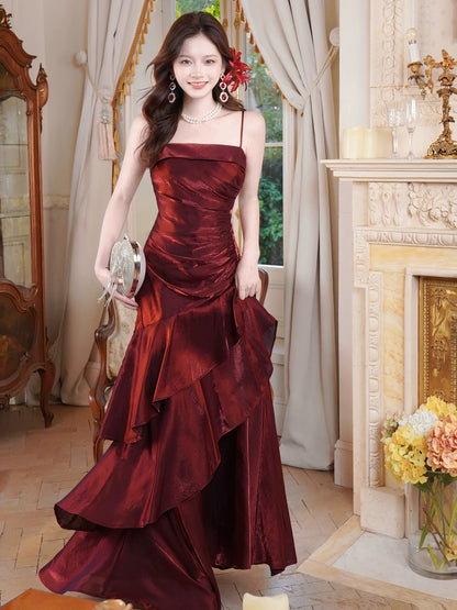 Artistic Mermaid Spaghetti Strap Burgundy Sleeveless Outdoor Semi Formal Summer Garden Beach Event Outfits Wedding Guest Dresses RB4953