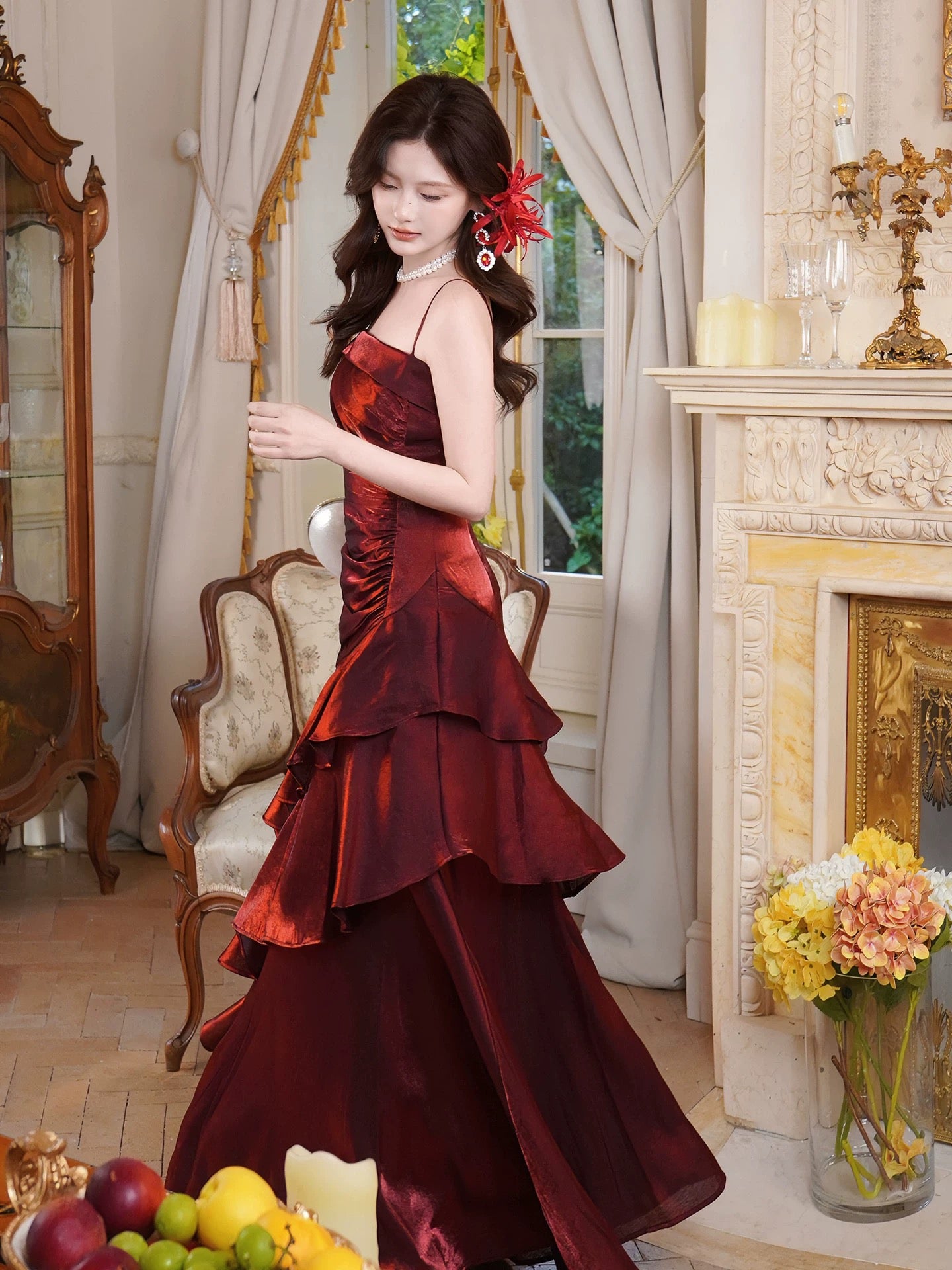 Artistic Mermaid Spaghetti Strap Burgundy Sleeveless Outdoor Semi Formal Summer Garden Beach Event Outfits Wedding Guest Dresses RB4953