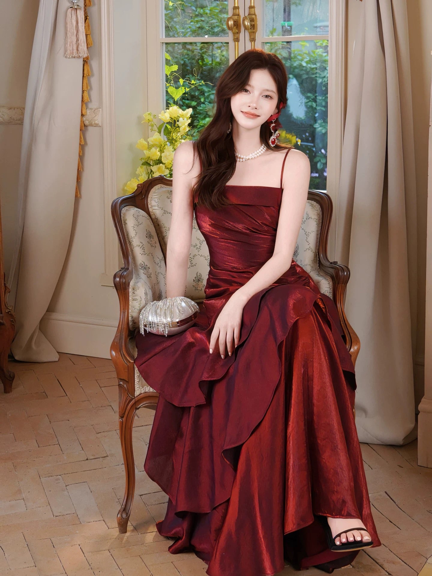 Artistic Mermaid Spaghetti Strap Burgundy Sleeveless Outdoor Semi Formal Summer Garden Beach Event Outfits Wedding Guest Dresses RB4953