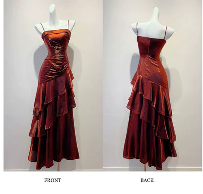 Artistic Mermaid Spaghetti Strap Burgundy Sleeveless Outdoor Semi Formal Summer Garden Beach Event Outfits Wedding Guest Dresses RB4953