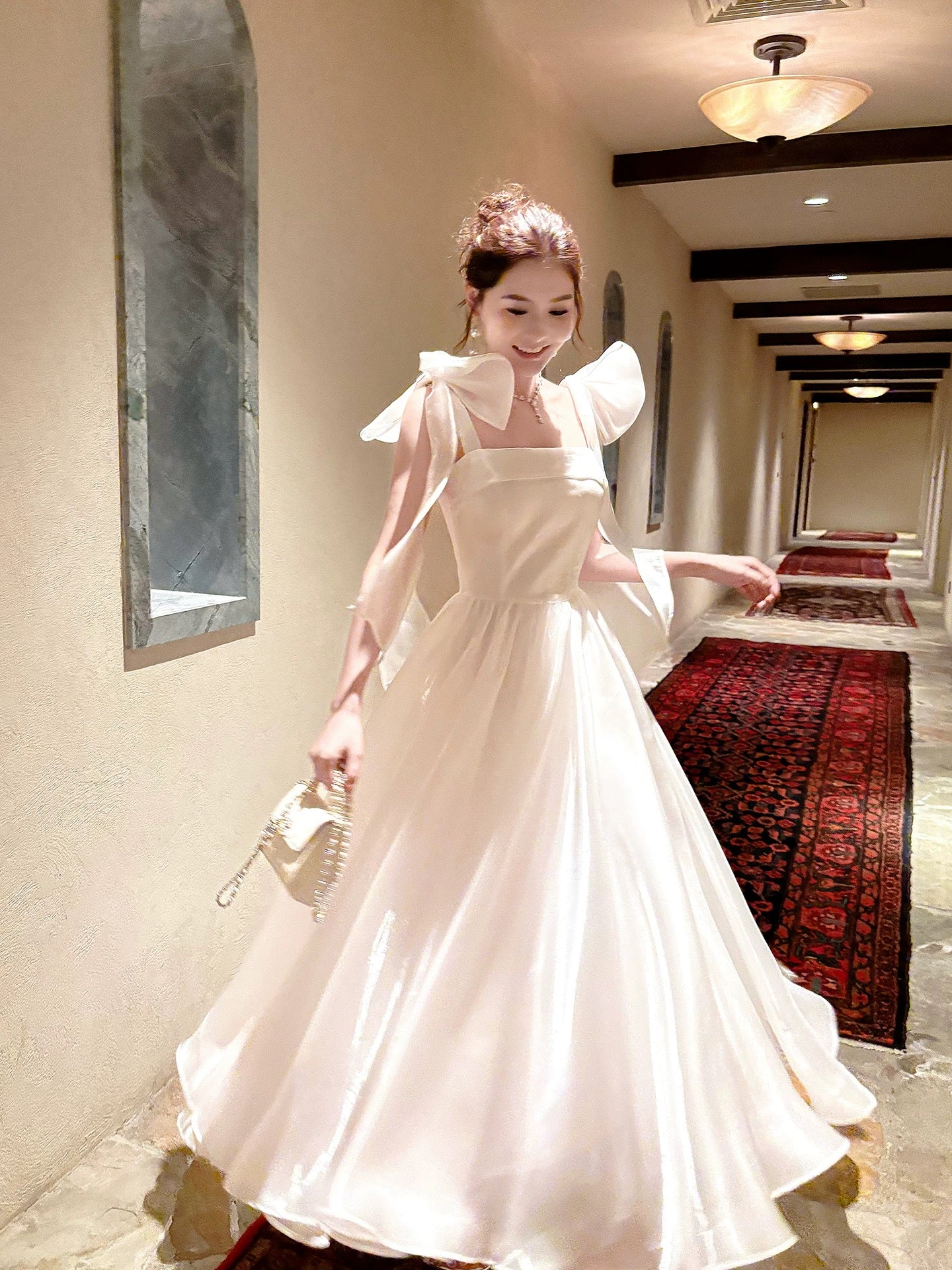 Free-Spirited A Line Spaghetti Straps With Bow Semi Formal Summer Garden Beach Spring Event Outfits Wedding Guest Dresses RB4954