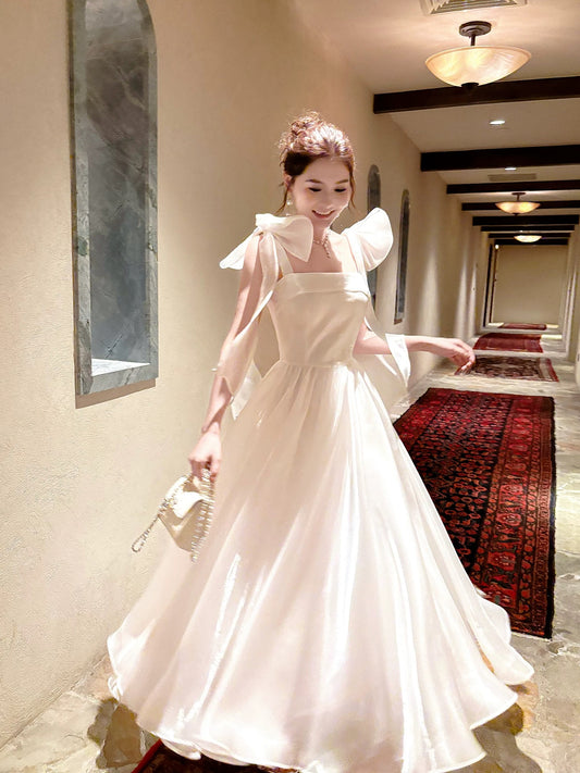 Free-Spirited A Line Spaghetti Straps With Bow Semi Formal Summer Garden Beach Spring Event Outfits Wedding Guest Dresses RB4954