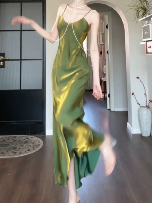 Artistic Mermaid Spaghetti Strap Green Sleeveless Outdoor Semi Formal Summer Garden Beach Event Outfits Wedding Guest Dresses RB4955