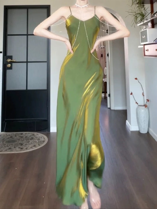 Artistic Mermaid Spaghetti Strap Green Sleeveless Outdoor Semi Formal Summer Garden Beach Event Outfits Wedding Guest Dresses RB4955