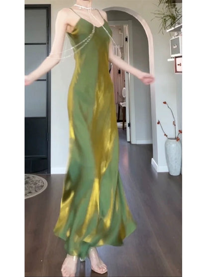 Artistic Mermaid Spaghetti Strap Green Sleeveless Outdoor Semi Formal Summer Garden Beach Event Outfits Wedding Guest Dresses RB4955