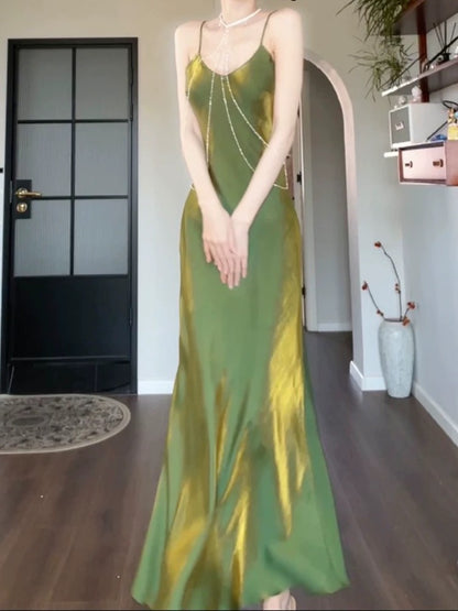 Artistic Mermaid Spaghetti Strap Green Sleeveless Outdoor Semi Formal Summer Garden Beach Event Outfits Wedding Guest Dresses RB4955