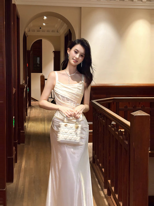 Artistic Mermaid Spaghetti Strap Ivory Satin Sleeveless Outdoor Semi Formal Summer Garden Beach Event Outfits Wedding Guest Dresses RB4956
