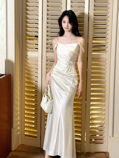 Artistic Mermaid Spaghetti Strap Ivory Satin Sleeveless Outdoor Semi Formal Summer Garden Beach Event Outfits Wedding Guest Dresses RB4956