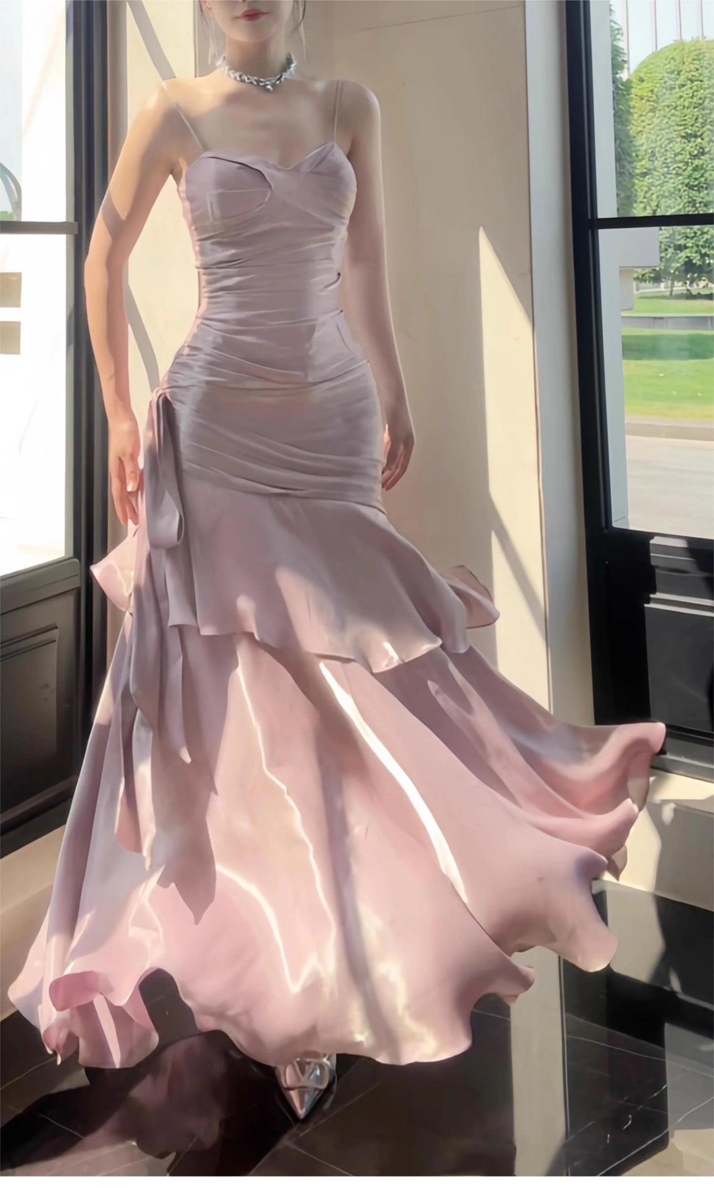Free-Spirited Mermaid Spaghetti Straps Lilac With Layers Ruffled Semi Formal Summer Garden Beach Spring Event Outfits Wedding Guest Dresses RB4957