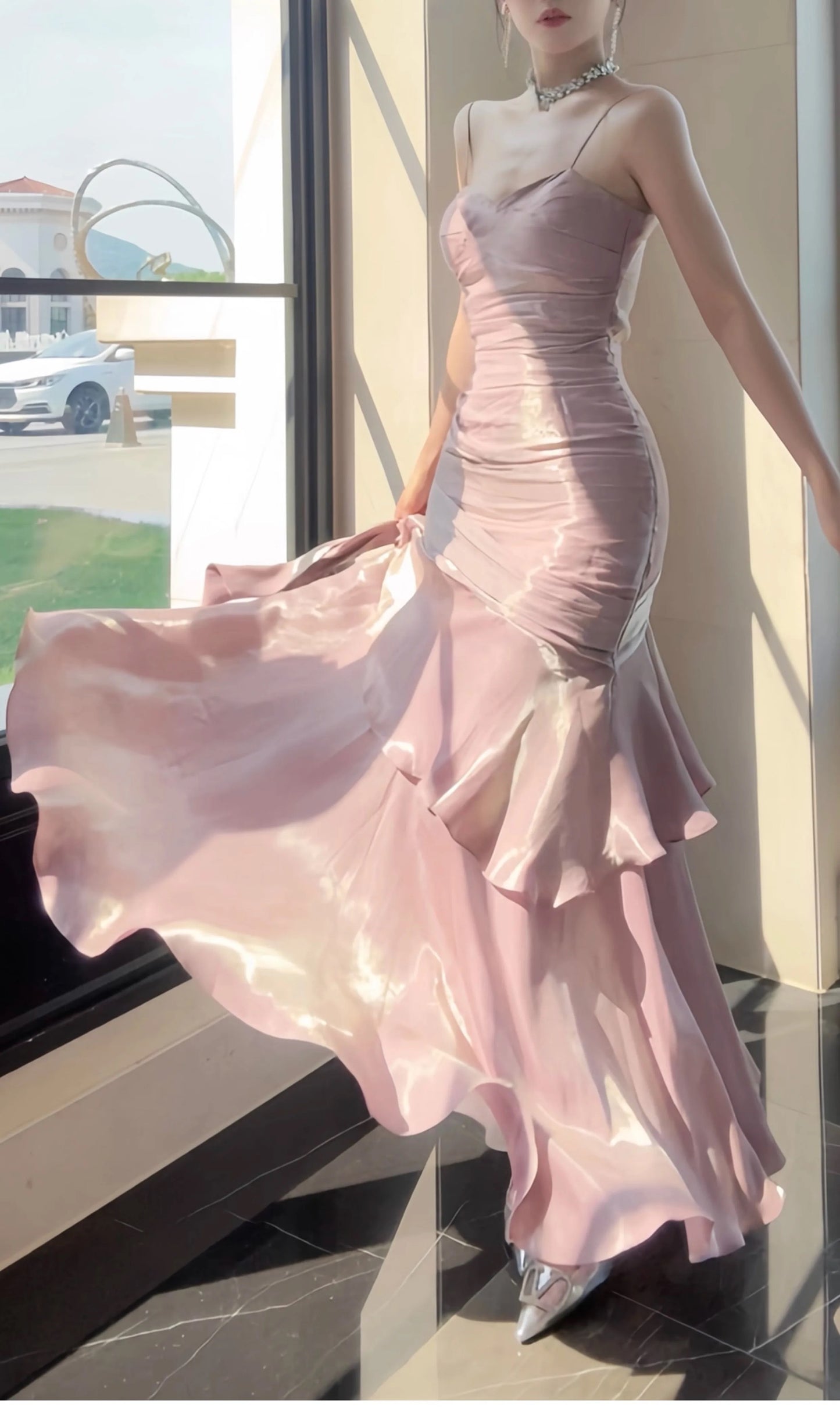 Free-Spirited Mermaid Spaghetti Straps Lilac With Layers Ruffled Semi Formal Summer Garden Beach Prom Event Outfits Wedding Guest Dresses RB4958