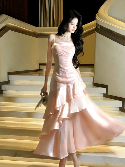 Free-Spirited Mermaid Spaghetti Straps Blush Pink With Layers Ruffled Semi Formal Summer Garden Beach Prom Event Outfits Wedding Guest Dresses RB4959