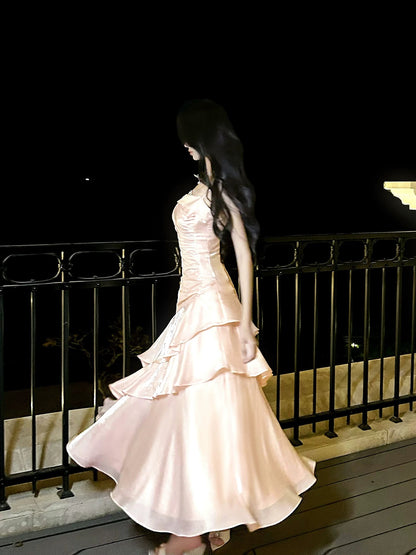 Free-Spirited Mermaid Spaghetti Straps Blush Pink With Layers Ruffled Semi Formal Summer Garden Beach Prom Event Outfits Wedding Guest Dresses RB4959