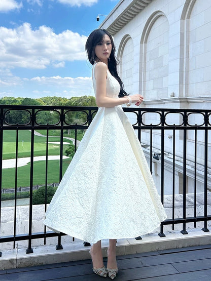Boho-chic A Line Square Neck White Lace Semi Formal Summer Garden Beach Spring Event Outfits Wedding Guest Dresses RB4960
