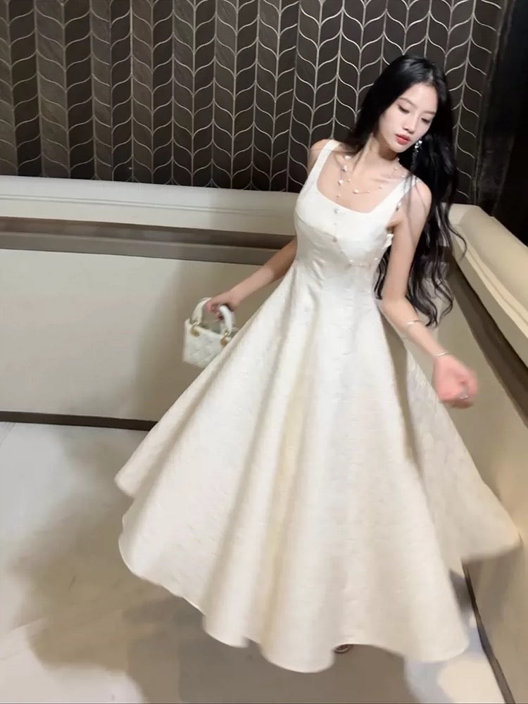 Boho-chic A Line Square Neck White Lace Semi Formal Summer Garden Beach Spring Event Outfits Wedding Guest Dresses RB4960