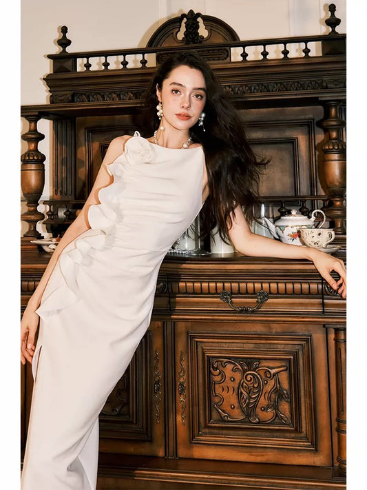Artistic Sheath Spaghetti Strap Ivory Satin Sleeveless Outdoor Semi Formal Summer Garden Beach Event Outfits Wedding Guest Dresses RB4961