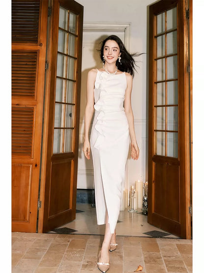 Artistic Sheath Spaghetti Strap Ivory Satin Sleeveless Outdoor Semi Formal Summer Garden Beach Event Outfits Wedding Guest Dresses RB4961
