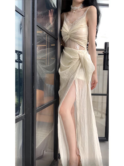 Sexy Sheath Spaghetti Strap Lace Slit Sleeveless Outdoor Semi Formal Summer Garden Beach Event Outfits Wedding Guest Dresses RB4963