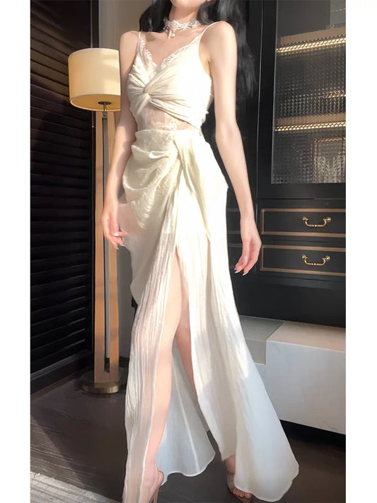 Sexy Sheath Spaghetti Strap Lace Slit Sleeveless Outdoor Semi Formal Summer Garden Beach Event Outfits Wedding Guest Dresses RB4963