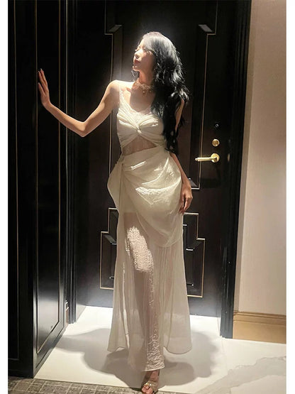 Sexy Sheath Spaghetti Strap Lace Slit Sleeveless Outdoor Semi Formal Summer Garden Beach Event Outfits Wedding Guest Dresses RB4963