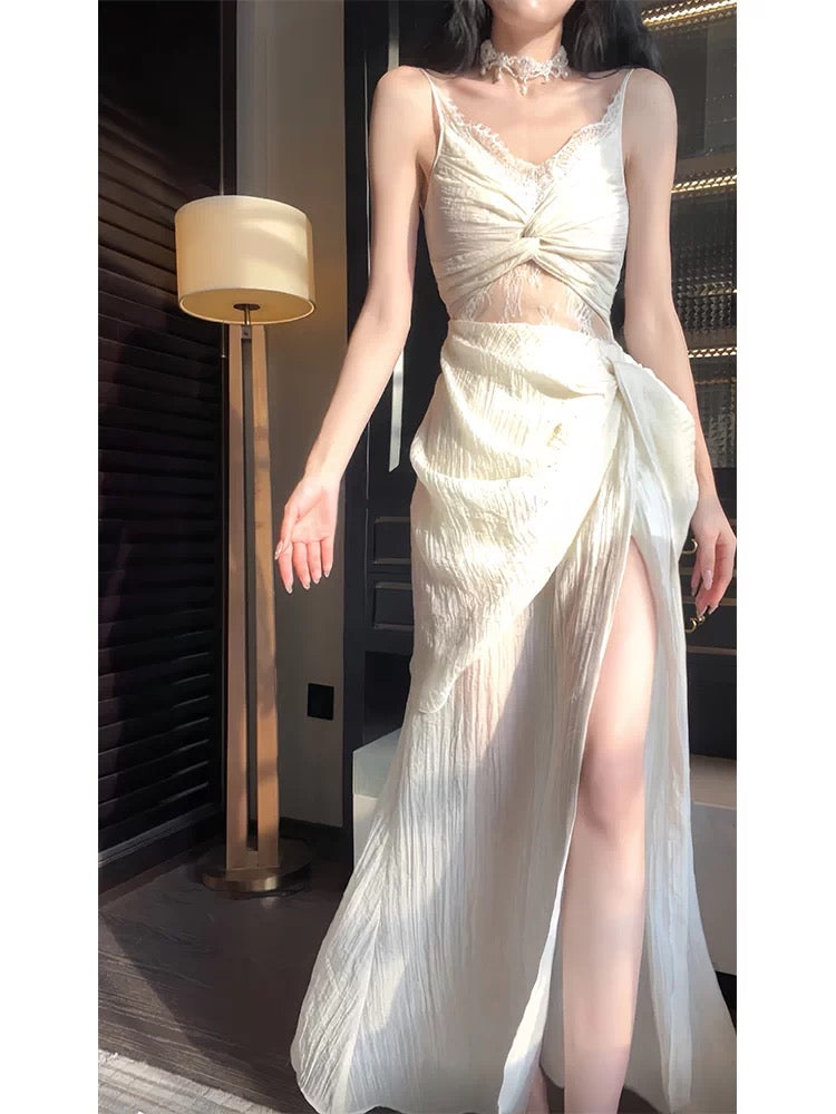 Sexy Sheath Spaghetti Strap Lace Slit Sleeveless Outdoor Semi Formal Summer Garden Beach Event Outfits Wedding Guest Dresses RB4963