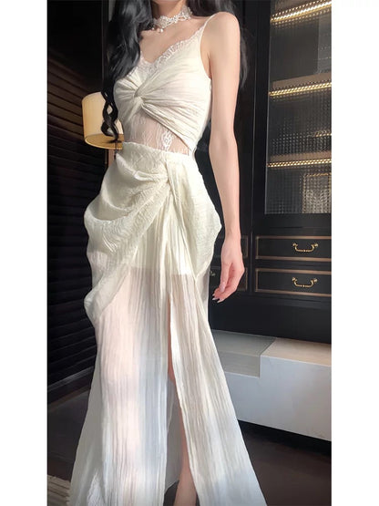 Sexy Sheath Spaghetti Strap Lace Slit Sleeveless Outdoor Semi Formal Summer Garden Beach Event Outfits Wedding Guest Dresses RB4963