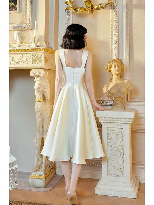 Boho-chic A Line Square Neck White Satin Tea Length Semi Formal Summer Garden Beach Spring Event Outfits Wedding Guest Dresses RB4964