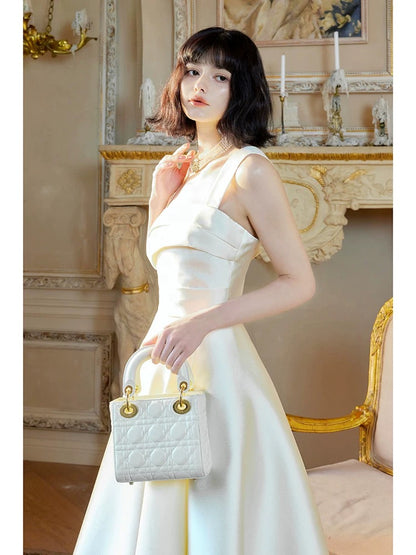 Boho-chic A Line Square Neck White Satin Tea Length Semi Formal Summer Garden Beach Spring Event Outfits Wedding Guest Dresses RB4964