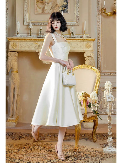Boho-chic A Line Square Neck White Satin Tea Length Semi Formal Summer Garden Beach Spring Event Outfits Wedding Guest Dresses RB4964
