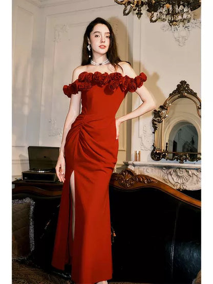 Artistic Mermaid Off The Shoulder Red Satin With Cap Sleeves Outdoor Semi Formal Summer Garden Beach Event Outfits Wedding Guest Dresses RB4969