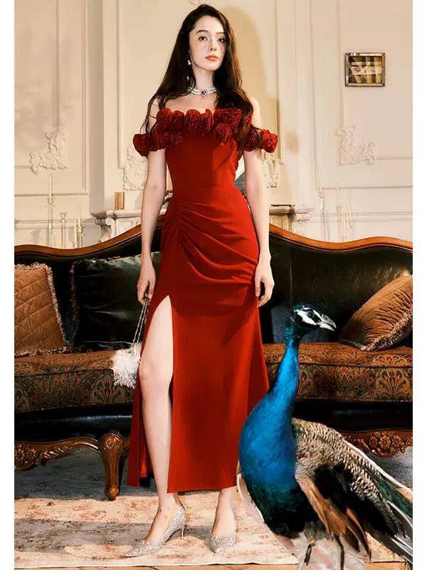 Artistic Mermaid Off The Shoulder Red Satin With Cap Sleeves Outdoor Semi Formal Summer Garden Beach Event Outfits Wedding Guest Dresses RB4969