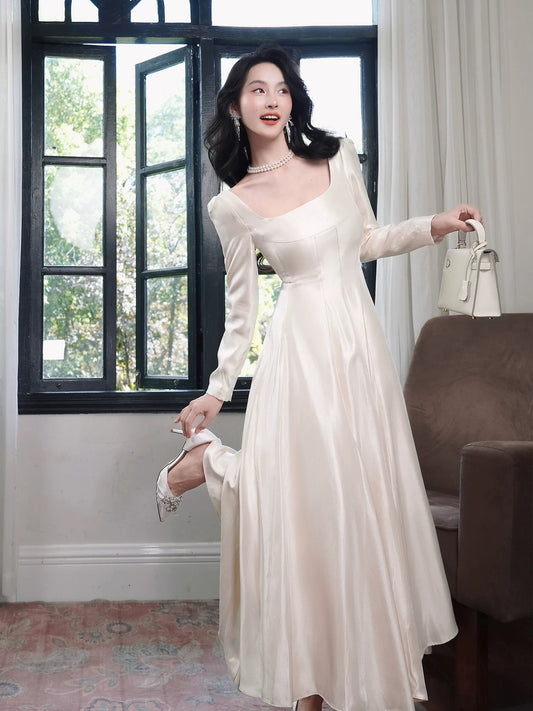 A Line Elegant Long Sleeves Waist-cinching Full-hem Maxi Dress Semi Formal Summer Garden Beach Spring Event Outfits Wedding Guest Dress RB4969