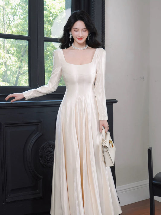 A Line Elegant Long Sleeves Waist-cinching Full-hem Maxi Dress Semi Formal Summer Garden Beach Spring Event Outfits Wedding Guest Dress RB4969