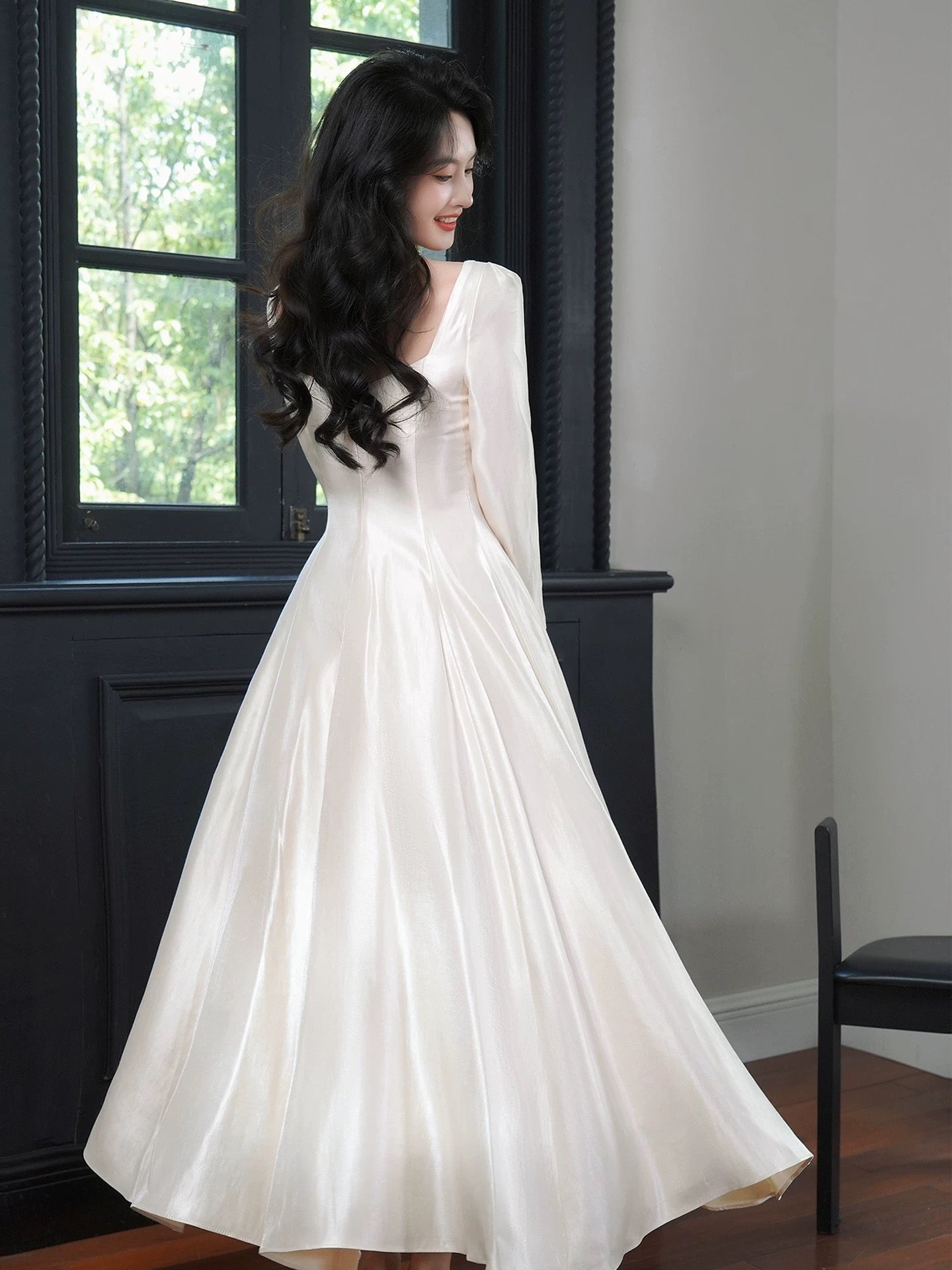 A Line Elegant Long Sleeves Waist-cinching Full-hem Maxi Dress Semi Formal Summer Garden Beach Spring Event Outfits Wedding Guest Dress RB4969