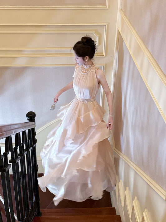 A Line Elegant Halter Sleeveless Waist-cinching Full-hem Maxi Dress Semi Formal Summer Garden Beach Spring Event Outfits Wedding Guest Dress RB4970