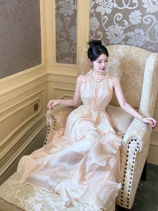 A Line Elegant Halter Sleeveless Waist-cinching Full-hem Maxi Dress Semi Formal Summer Garden Beach Spring Event Outfits Wedding Guest Dress RB4970
