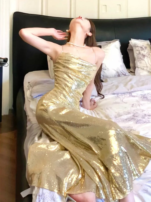 Elegant Mermaid Spaghetti Strap Gold Sequin With Slit Sleeveless Outdoor Semi Formal Summer Garden Beach Event Outfits Wedding Guest Dress RB4971