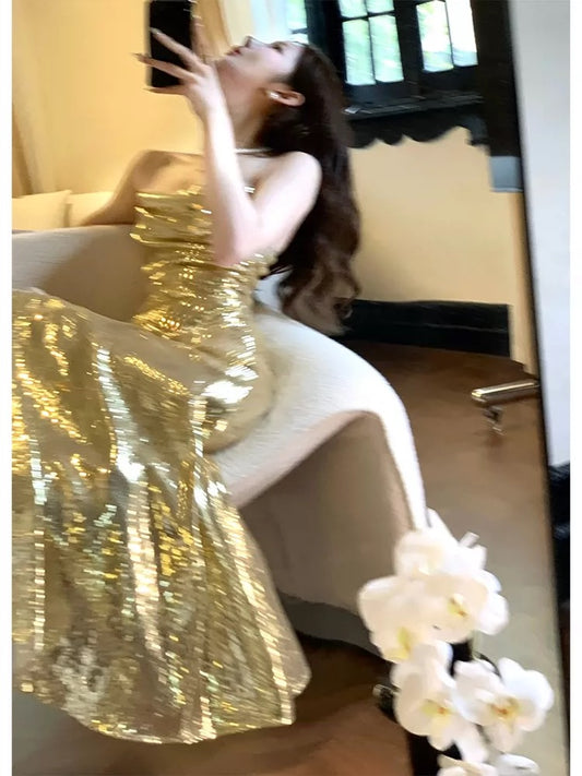Elegant Mermaid Spaghetti Strap Gold Sequin With Slit Sleeveless Outdoor Semi Formal Summer Garden Beach Event Outfits Wedding Guest Dress RB4971